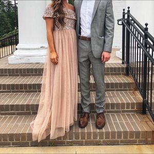 maya bardot sequin top tulle detail dress with high low hem